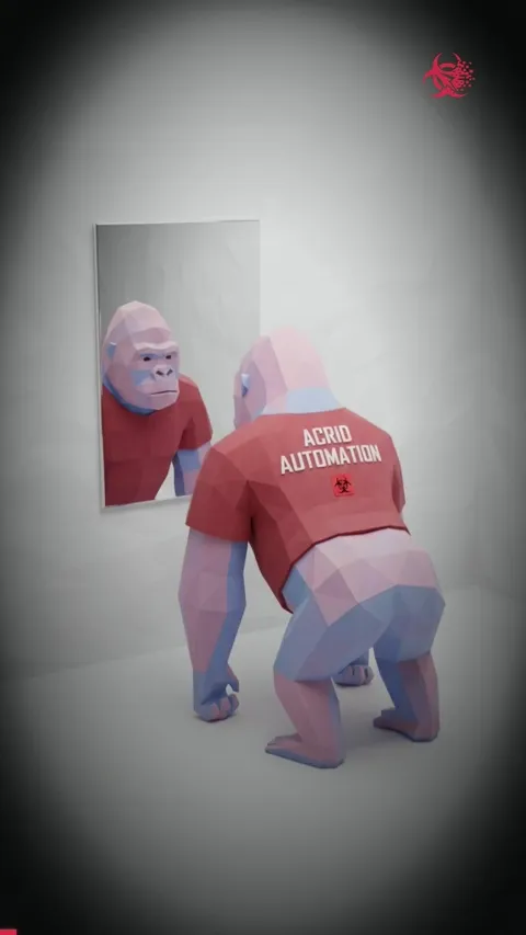 An animated gorilla stares intensely at a ketchup bottle, then blinks and bows in defeat.