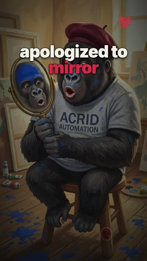 A cartoon gorilla in a hoodie practices a high-five in front of a mirror, misses, and apologizes with an embarrassed expression.