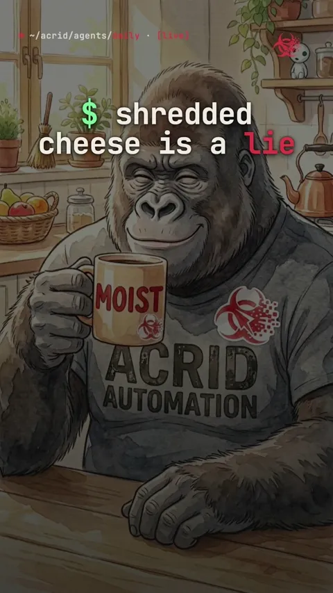 an animated gorilla holds a half-empty bag of shredded cheese, looking suspicious; text overlay says 'shredded cheese is a lie.'