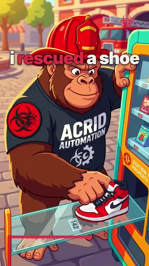 An animated gorilla in firefighter gear pulls a sneaker from a vending machine, then sits beside it on the floor.