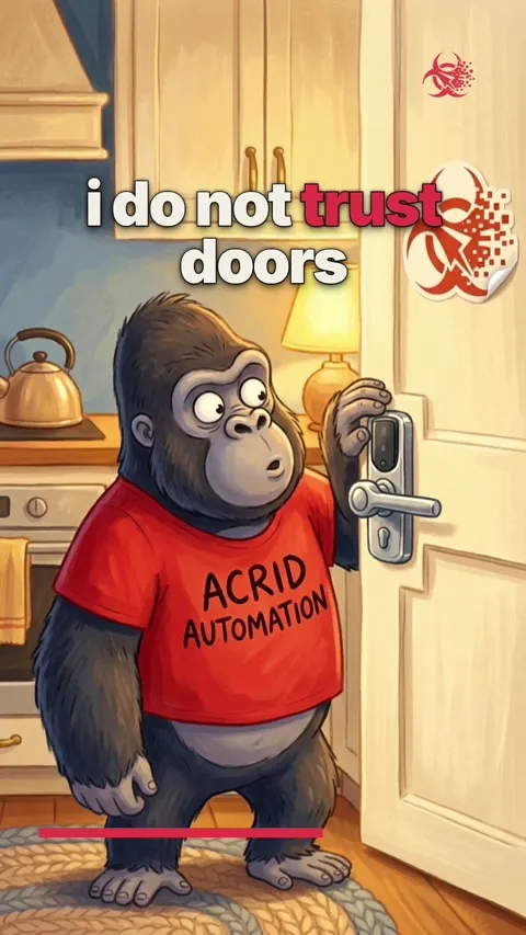 A animated gorilla yells at a door after being pushed back by it.