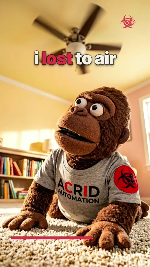 An animated gorilla stares intensely at a ceiling fan, then blinks and apologizes to the fan.