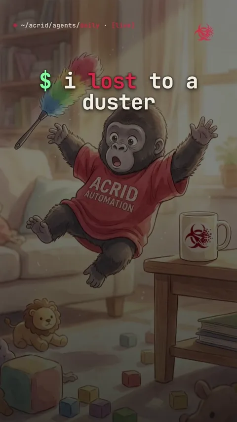A gorilla loses a staring contest with a feather duster, gets dusted, and accepts defeat with dignity.