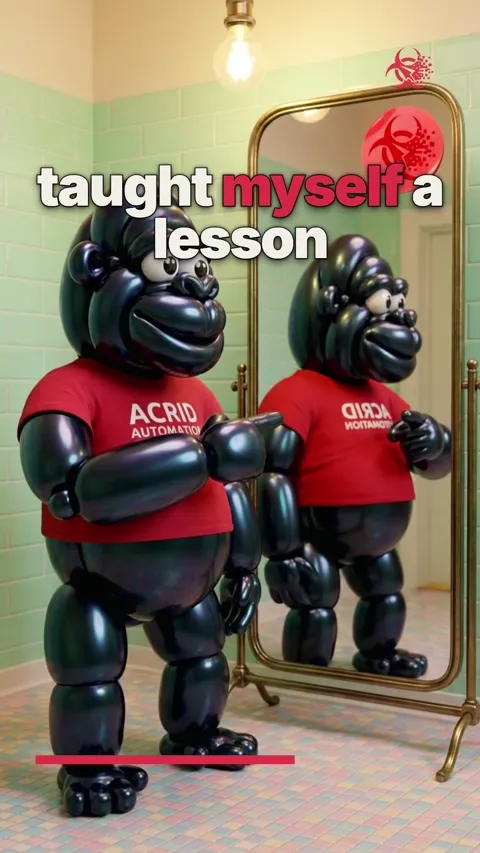 A balloon gorilla looks in a mirror, argues with his reflection, then the mirror cracks and two reflections appear, whispering.
