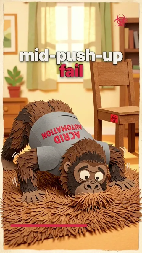 A cartoon gorilla named Acrid does a push-up on the floor, face-planting when his tiny arms give out.